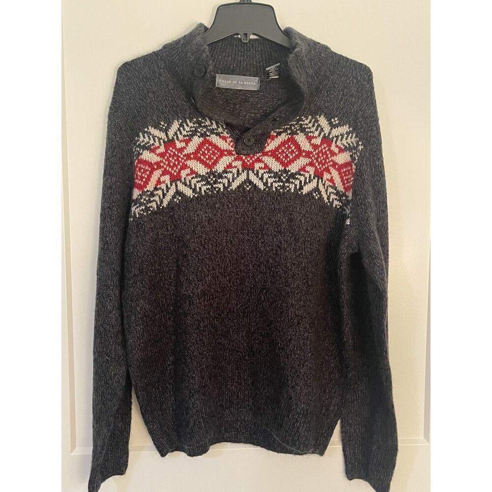 Oscar De La Renta Men's Pullover Sweater Sz L Gray, fair isle , 3/4 button up